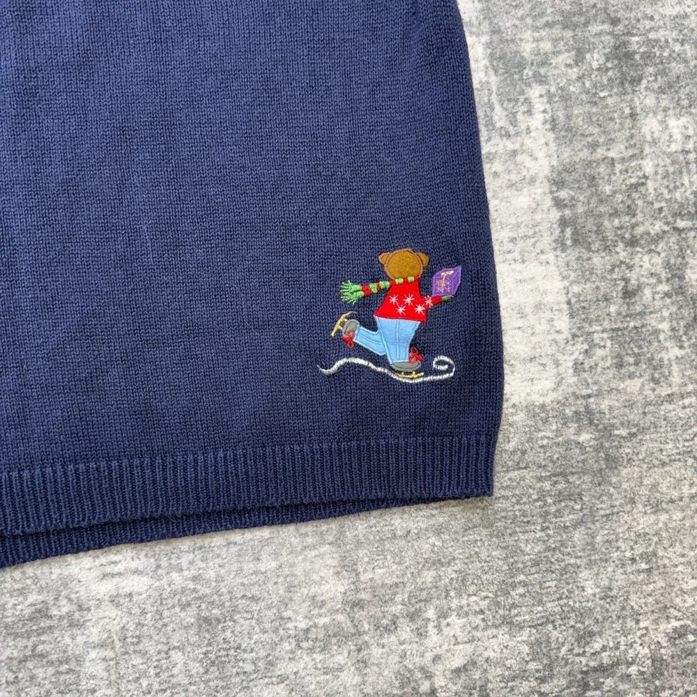VTG Christmas Sweater Womens Large Blue Teddy Bear‎ Skating Roll Neck 90s Party